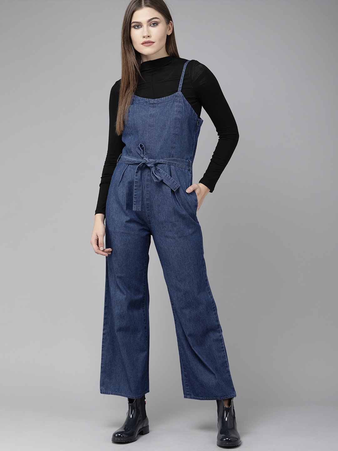 

The Roadster Lifestyle Co Blue Waist Tie-Up Basic Denim Jumpsuit