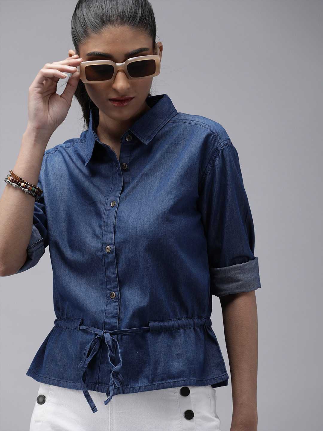 

The Roadster Lifestyle Co Women Blue Denim Pure Cotton Shirt Style Top