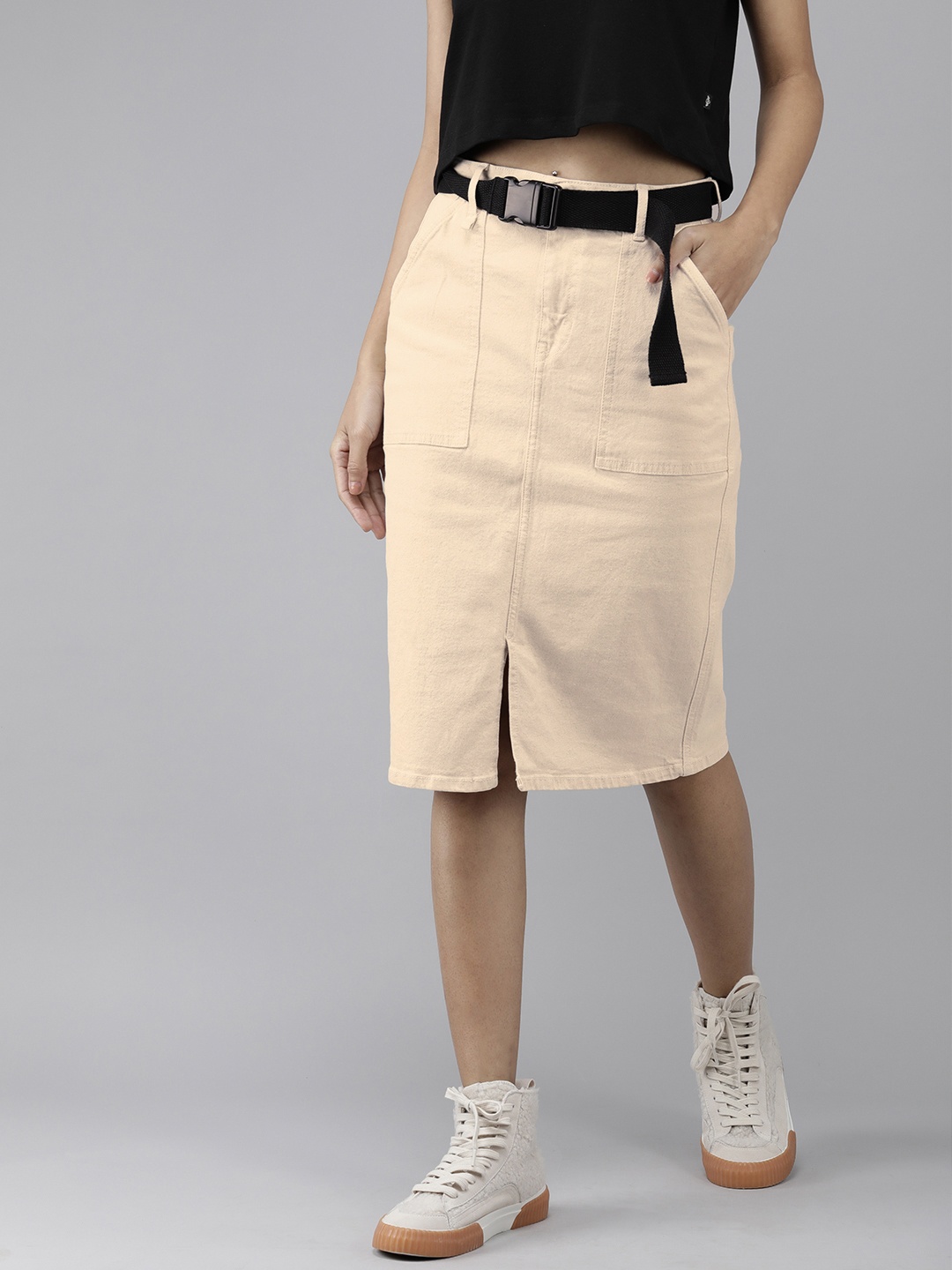 

Roadster Women Cream-Coloured Straight High Rise Denim Skirt