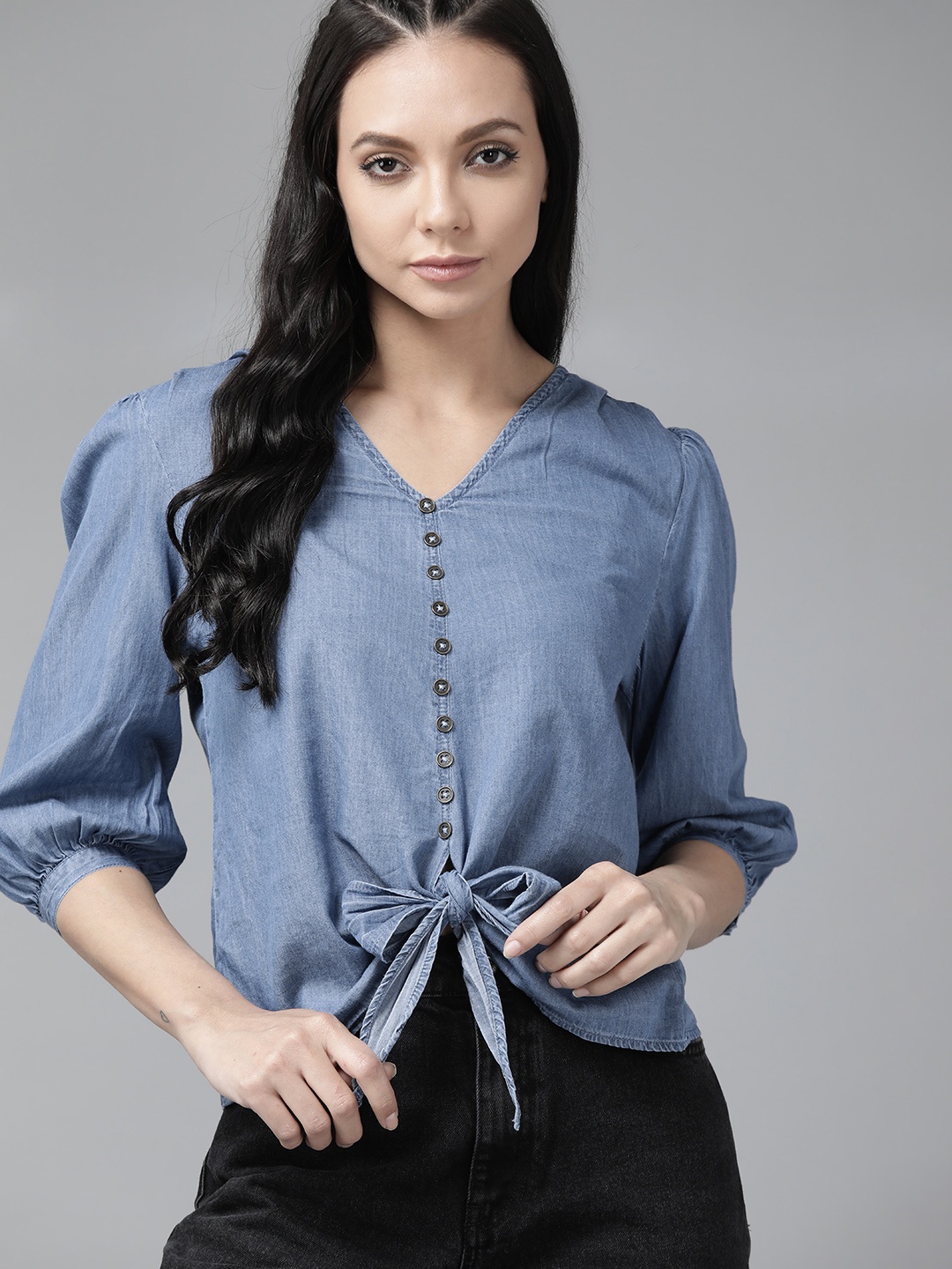 

The Roadster Lifestyle Co Blue Solid Pure Cotton Top with Waist Tie Up Detail