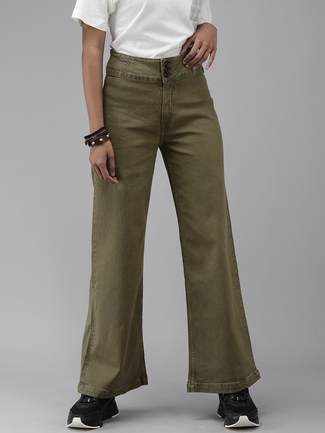 

The Roadster Lifestyle Co Women Olive Green Wide Leg High-Rise Stretchable Jeans