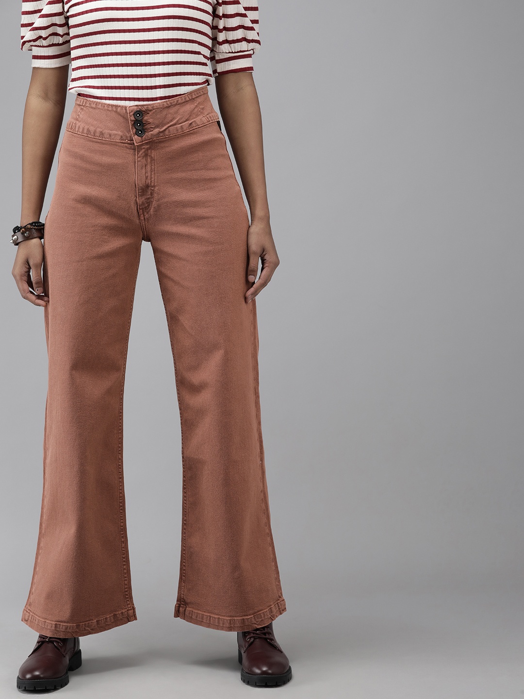 

The Roadster Lifestyle Co Women Rust Orange Wide Leg High-Rise Stretchable Jeans