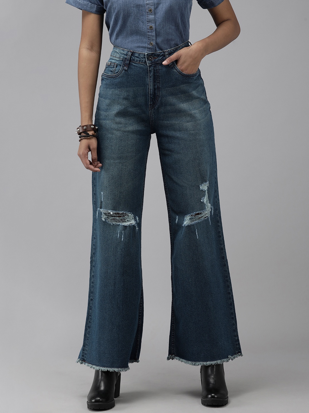 

The Roadster Lifestyle Co Women Blue Wide Leg High-Rise Mildly Distressed Light Fade Stretchable Jeans