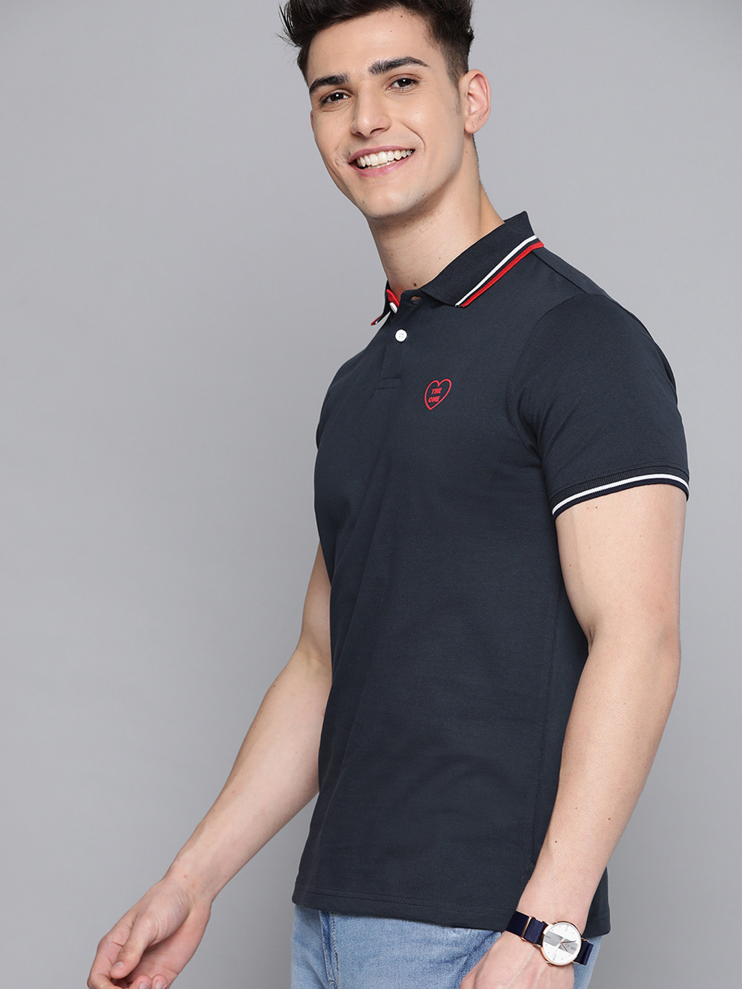 

Mast & Harbour Men Navy Blue Pure Cotton Polo Collar T-shirt