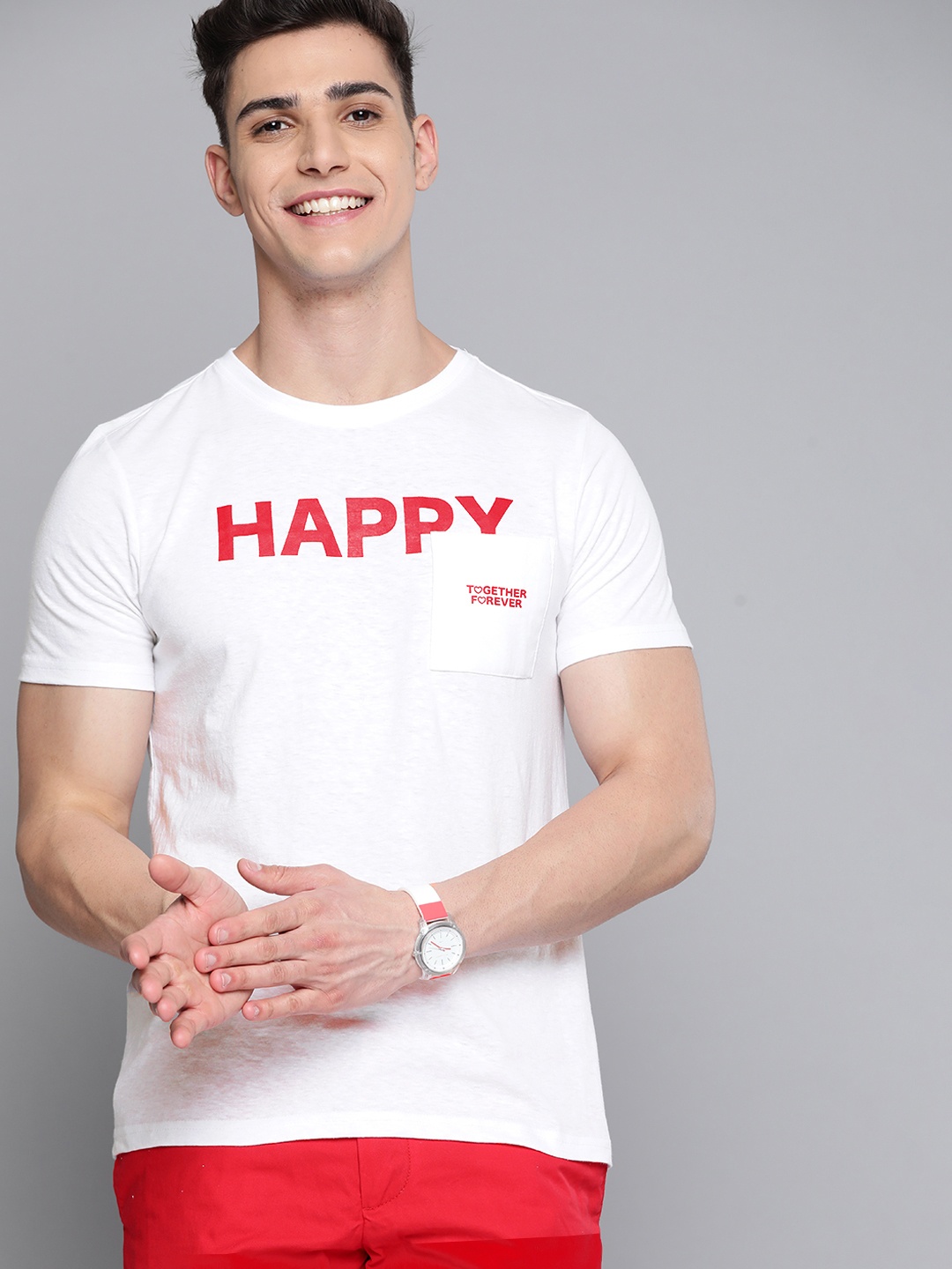 

Mast & Harbour Men White & Red Typography Printed Pure Cotton T-shirt