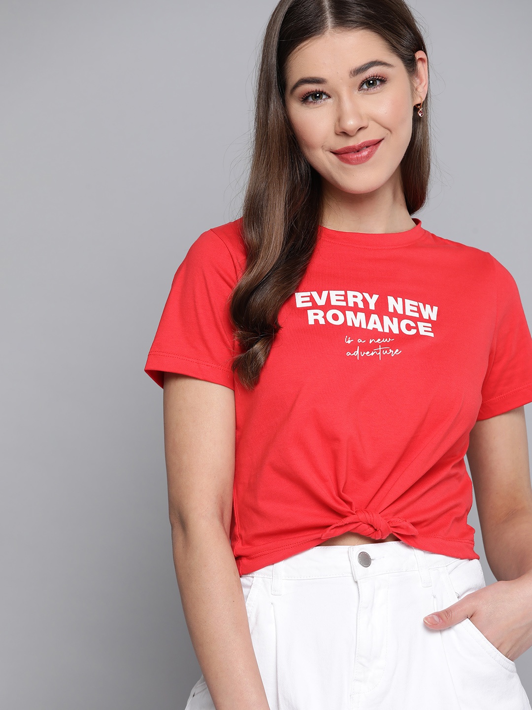

Mast & Harbour Women Red Typography Printed Pure Cotton T-shirt
