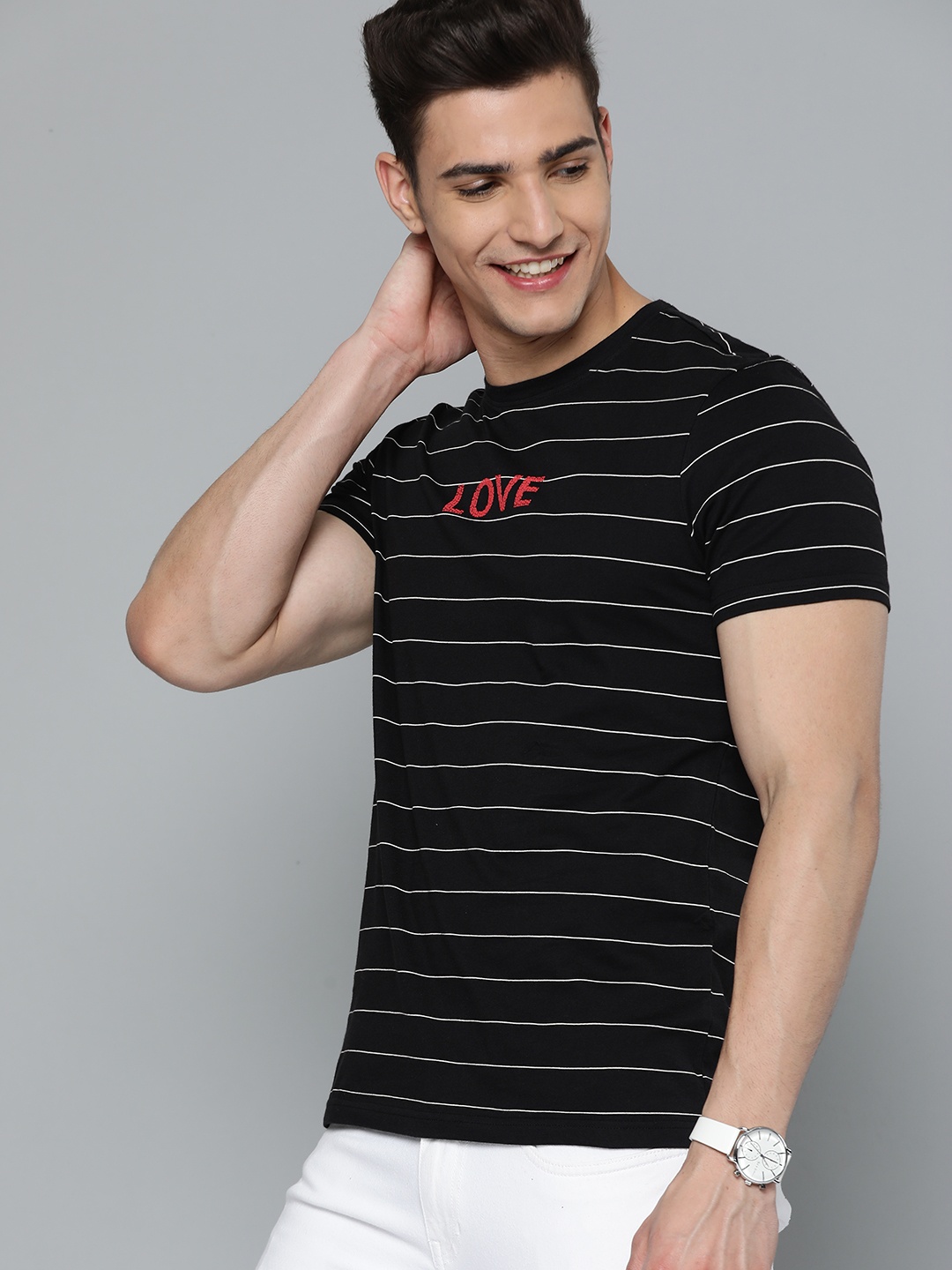 

Mast & Harbour Men Black & Off-White Striped Pure Cotton T-shirt