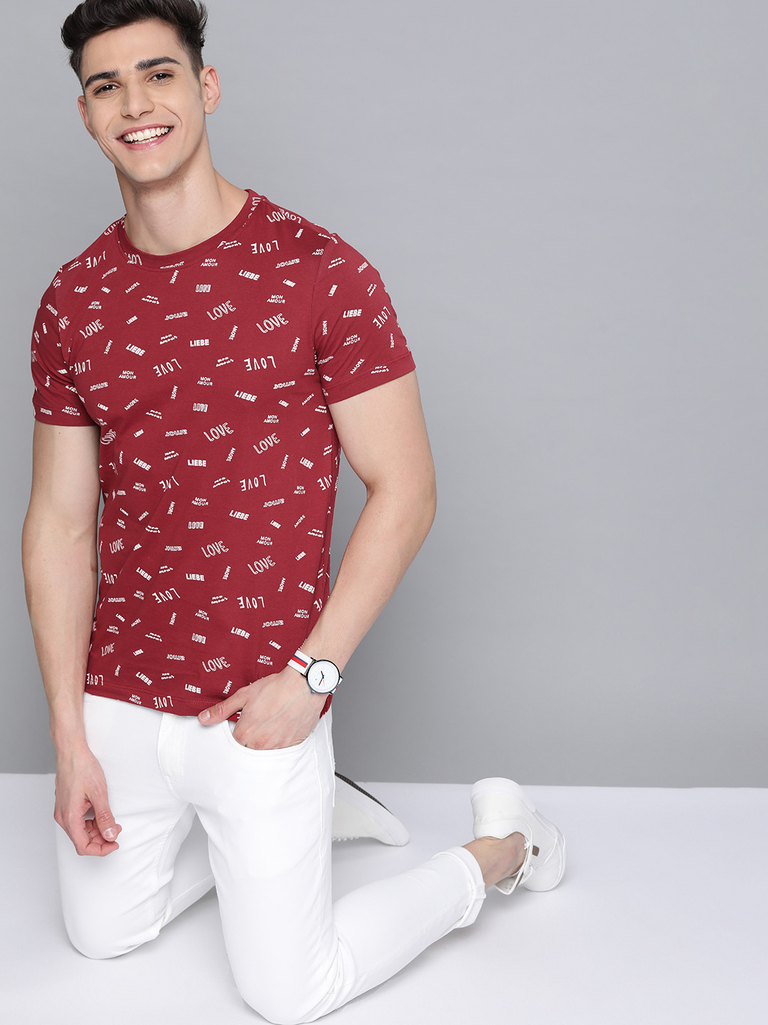 

Mast & Harbour Men Maroon & White Typography Printed Pure Cotton T-shirt