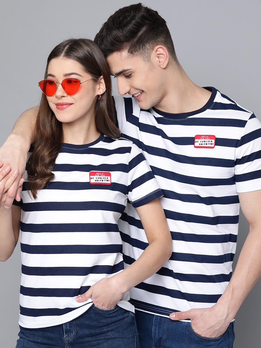 

Mast & Harbour Men White & Navy Blue Pure Cotton Striped Applique T-shirt