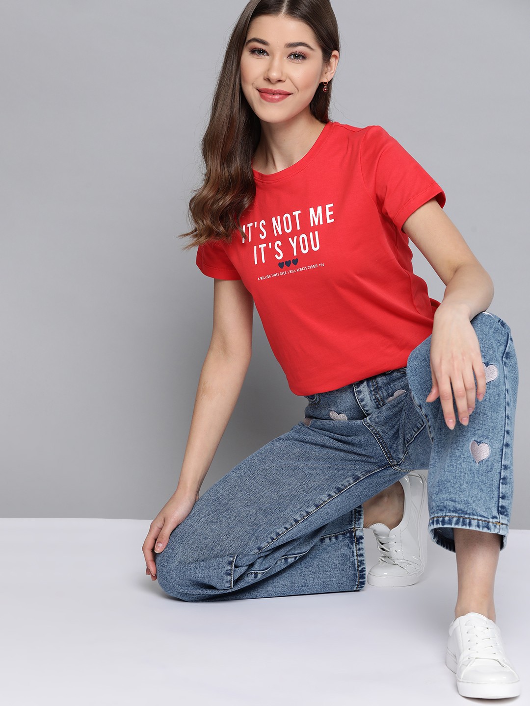 

Mast & Harbour Women Red & White Typography Printed Pure Cotton T-shirt