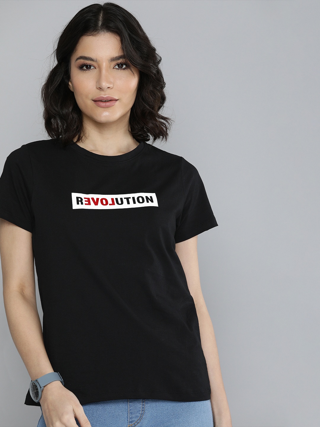 

Mast & Harbour Women Black Typography Printed Pure Cotton T-shirt