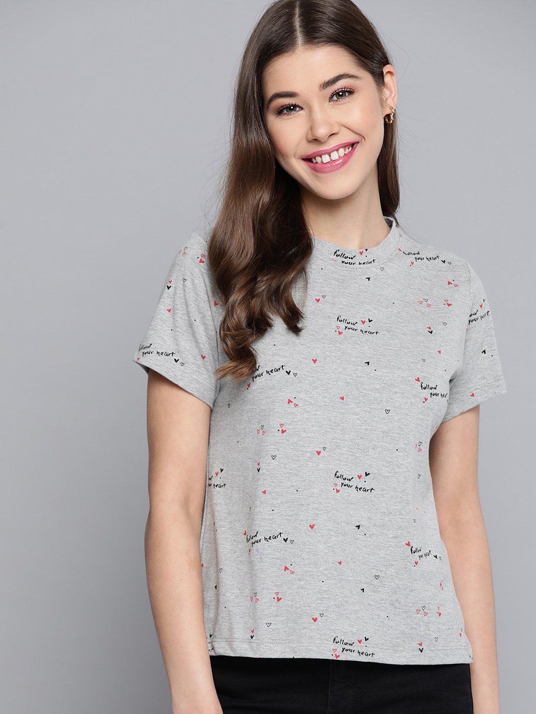 

Mast & Harbour Women Grey Melange & Black Pure Cotton Printed T-shirt