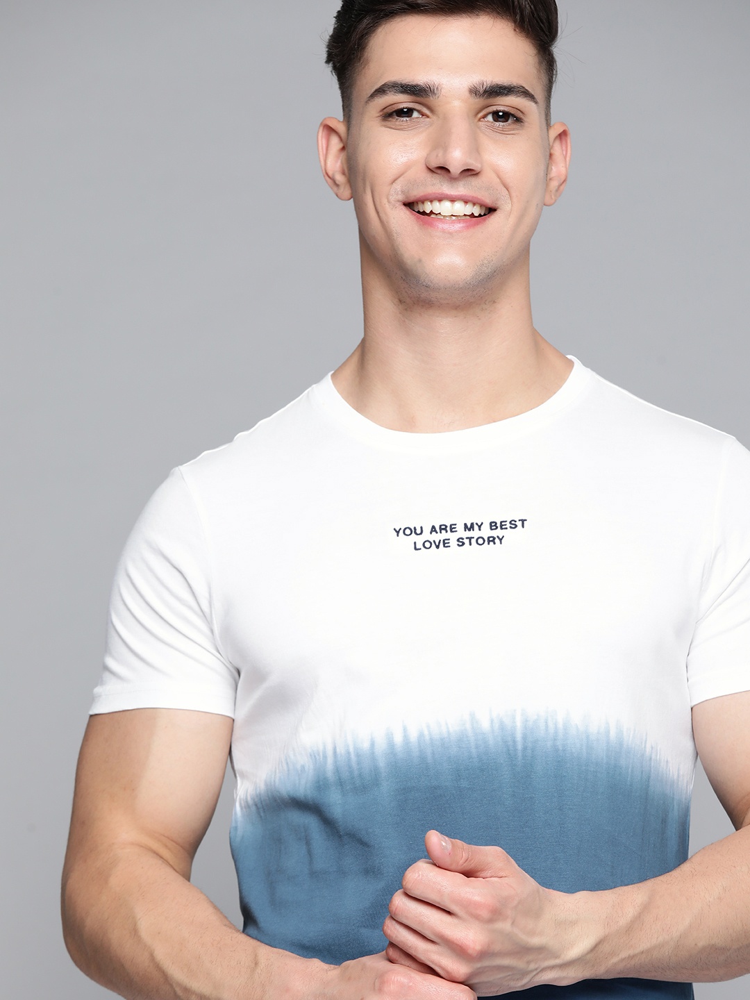 

Mast & Harbour Men White & Blue Typography Embroidered Pure Cotton Ombre T-shirt