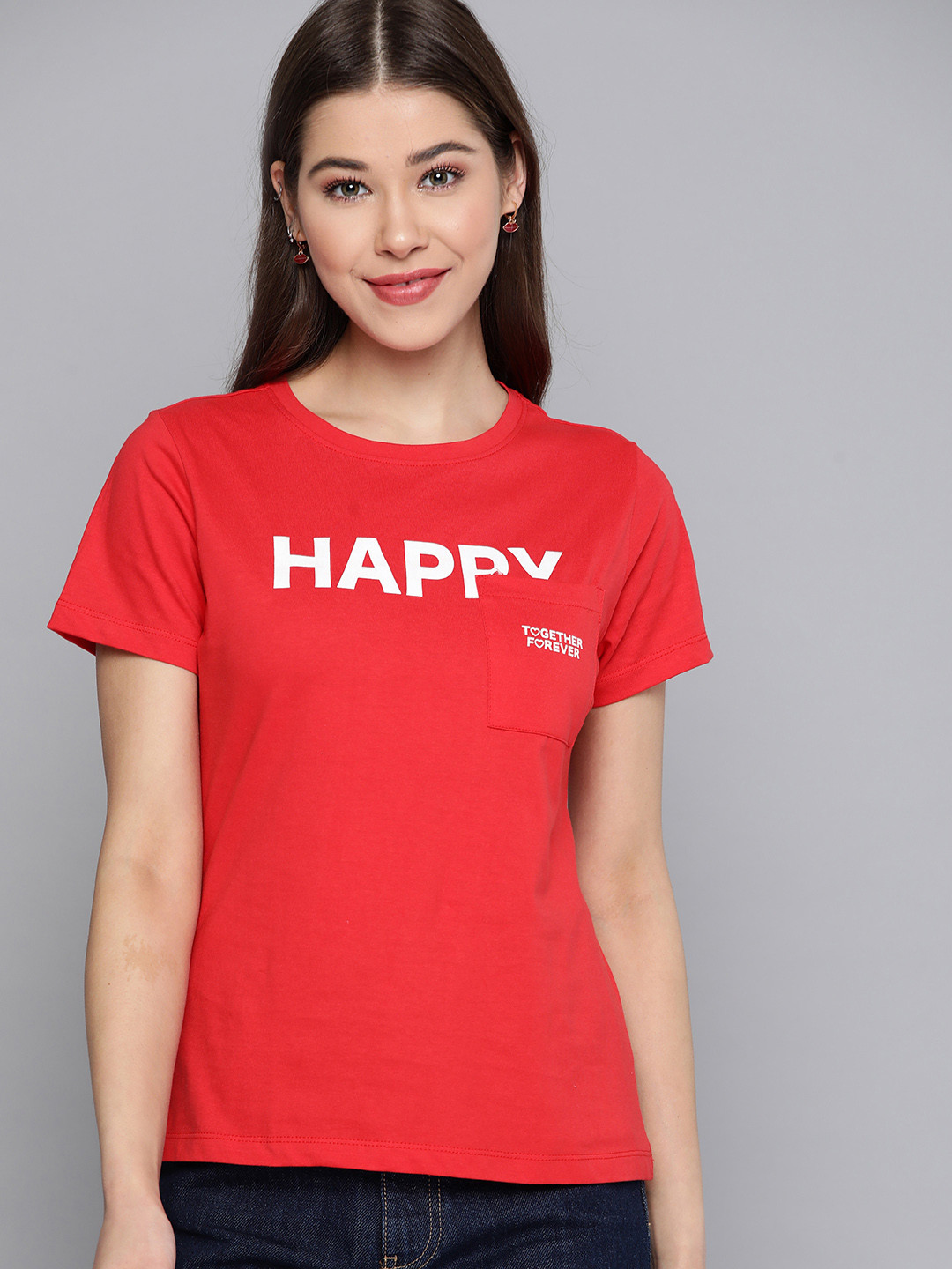 

Mast & Harbour Women Red & White Typography Printed Pure Cotton T-shirt