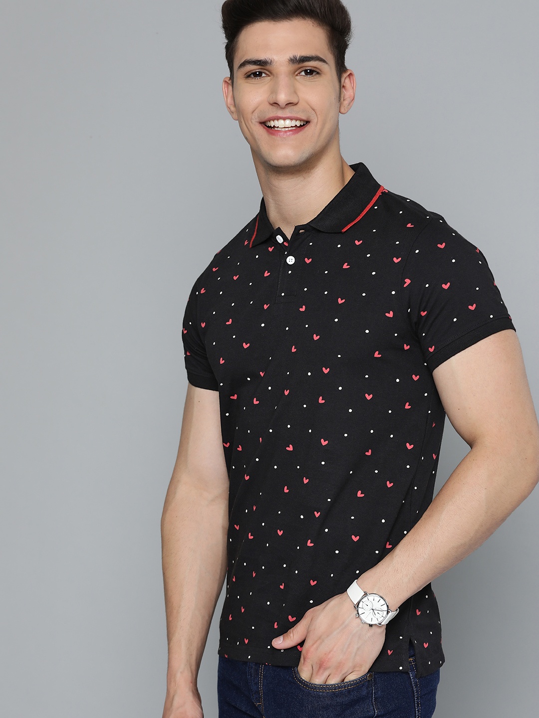 

Mast & Harbour Men Black & Red Printed Polo Collar Pure Cotton T-shirt