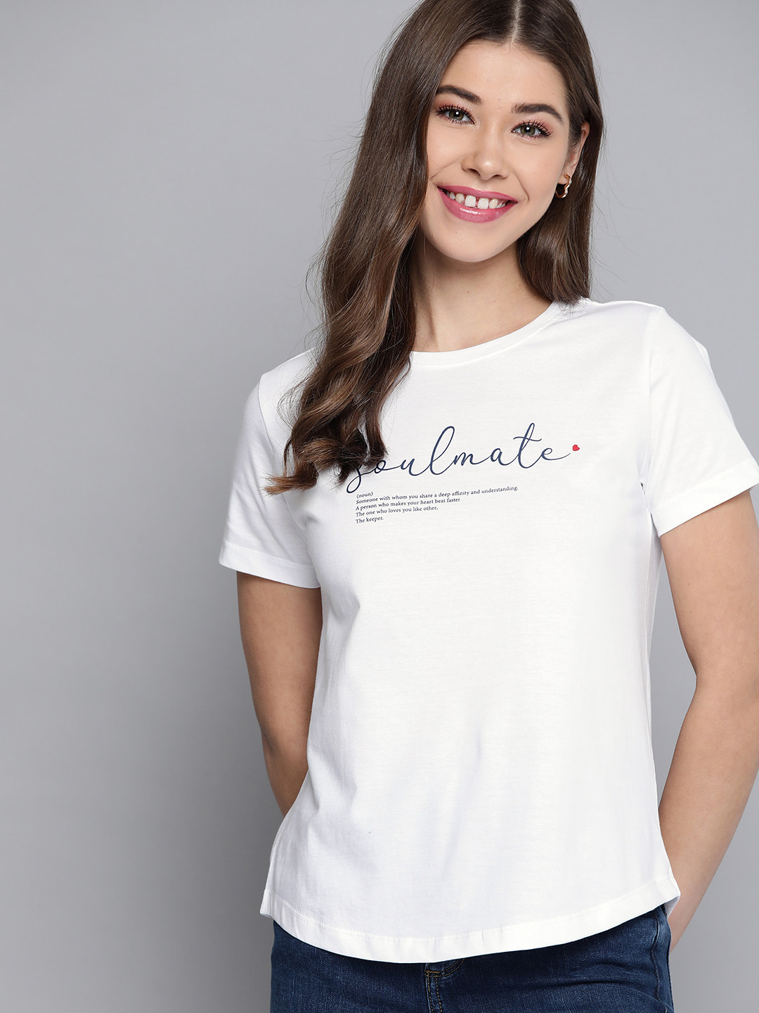 

Mast & Harbour Women White & Navy Blue Pure Cotton Typography Printed T-shirt
