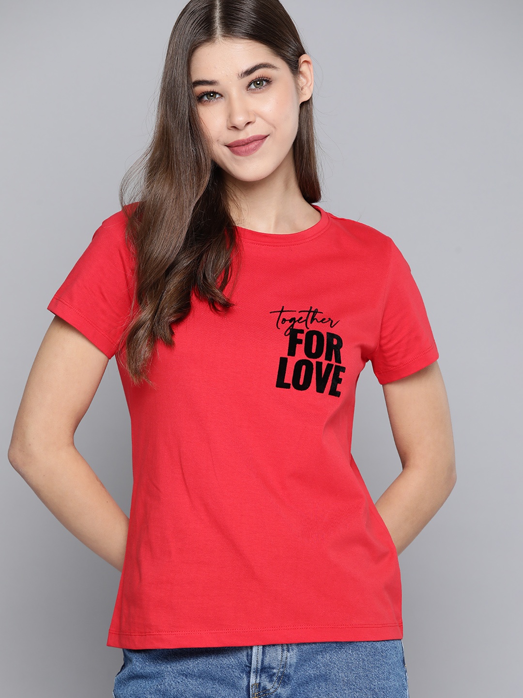 

Mast & Harbour Women Red Typography Printed Pure Cotton T-shirt
