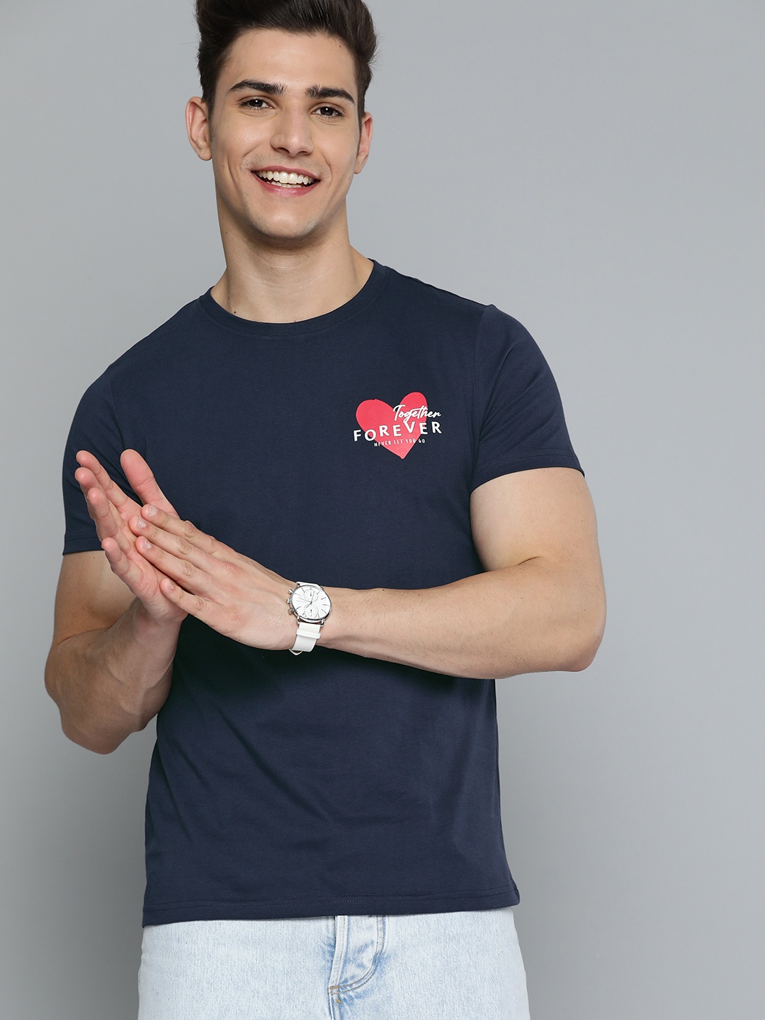 

Mast & Harbour Men Navy Blue Printed Detail Pure Cotton T-shirt