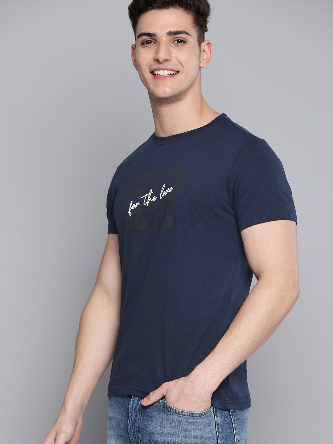 

Mast & Harbour Men Navy Blue & Grey Typography Printed Pure Cotton T-shirt