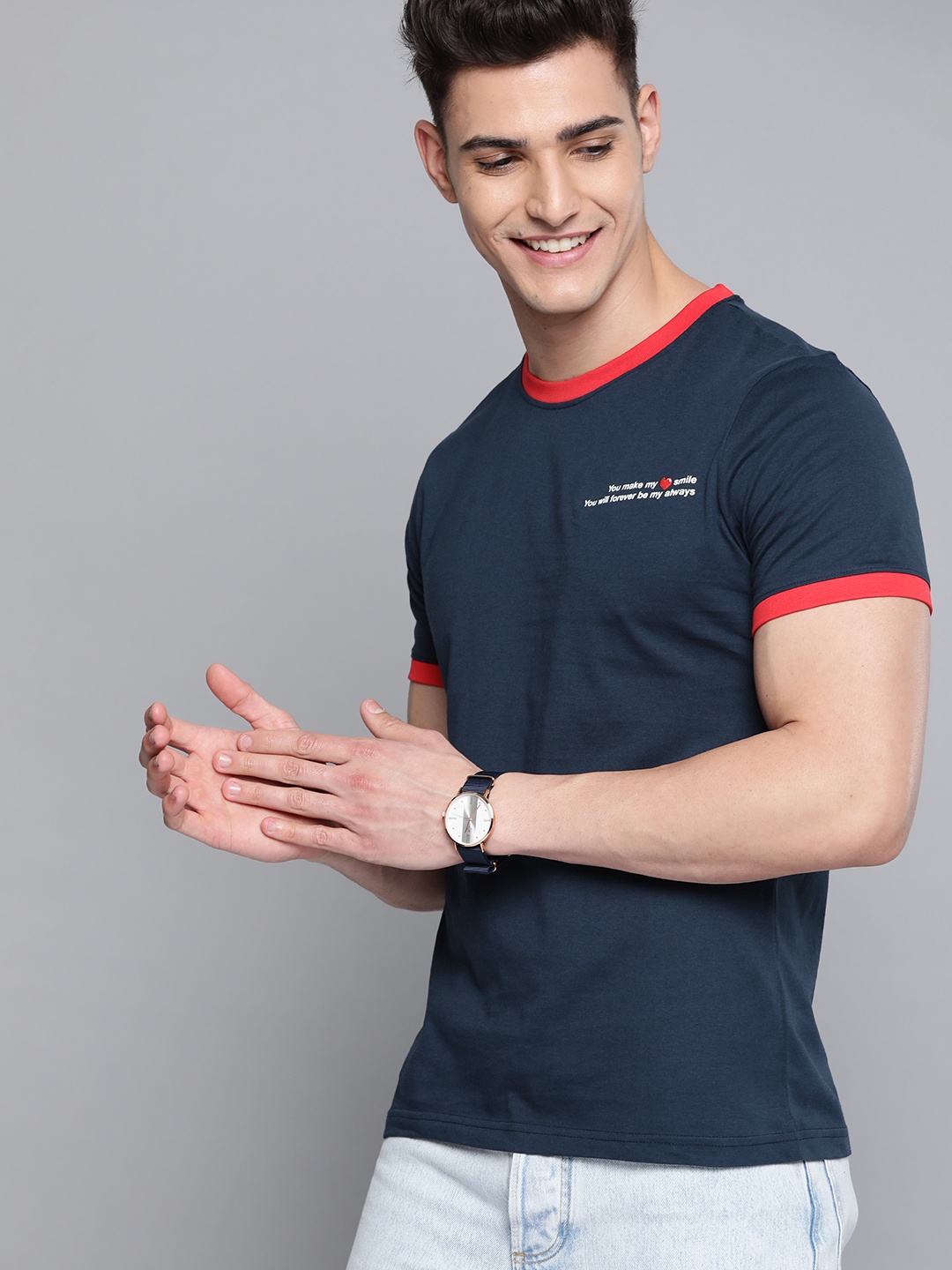 

Mast & Harbour Men Navy Blue Pure Cotton Printed Detail T-shirt