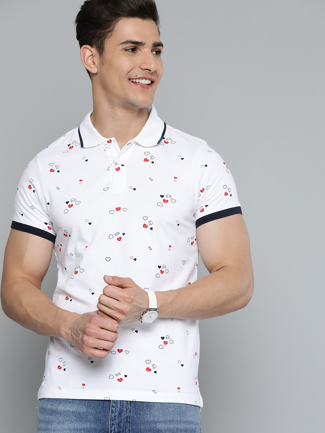 

Mast & Harbour Men White & Red Printed Polo Collar Pure Cotton T-shirt