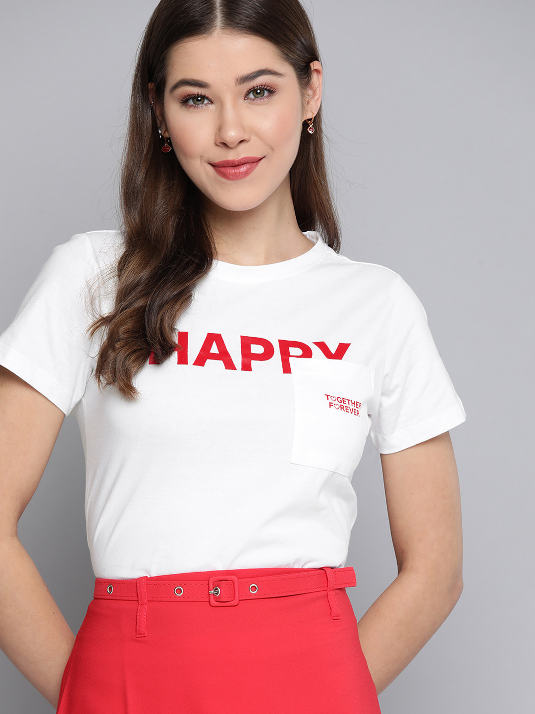 

Mast & Harbour Women White & Red Typography Printed Pure Cotton T-shirt