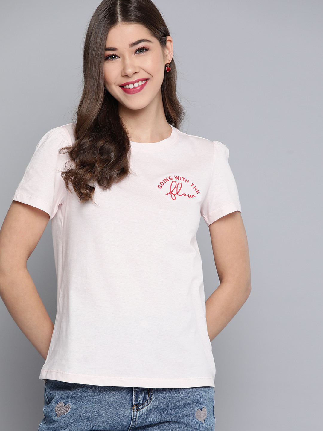 

Mast & Harbour Women Pink Pure Cotton Embroidered Detail T-shirt