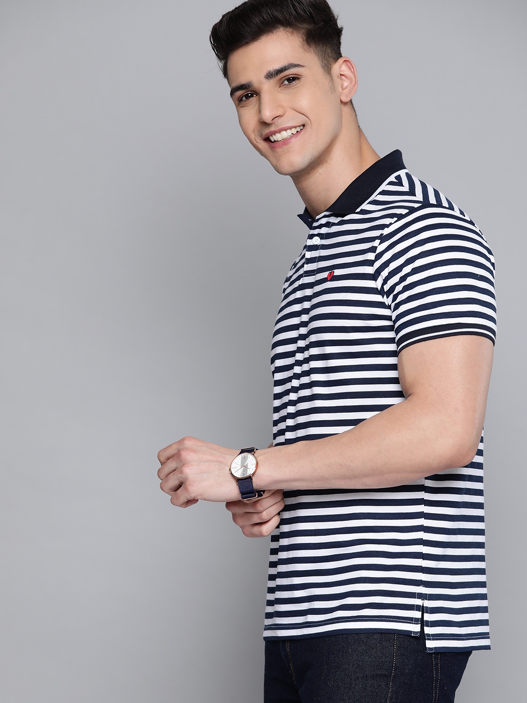 

Mast & Harbour Men Navy Blue & White Pure Cotton Striped Polo Collar T-shirt