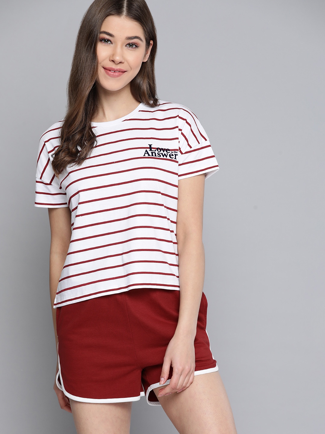 

Mast & Harbour Women White & Maroon Striped Pure Cotton Shorts Set