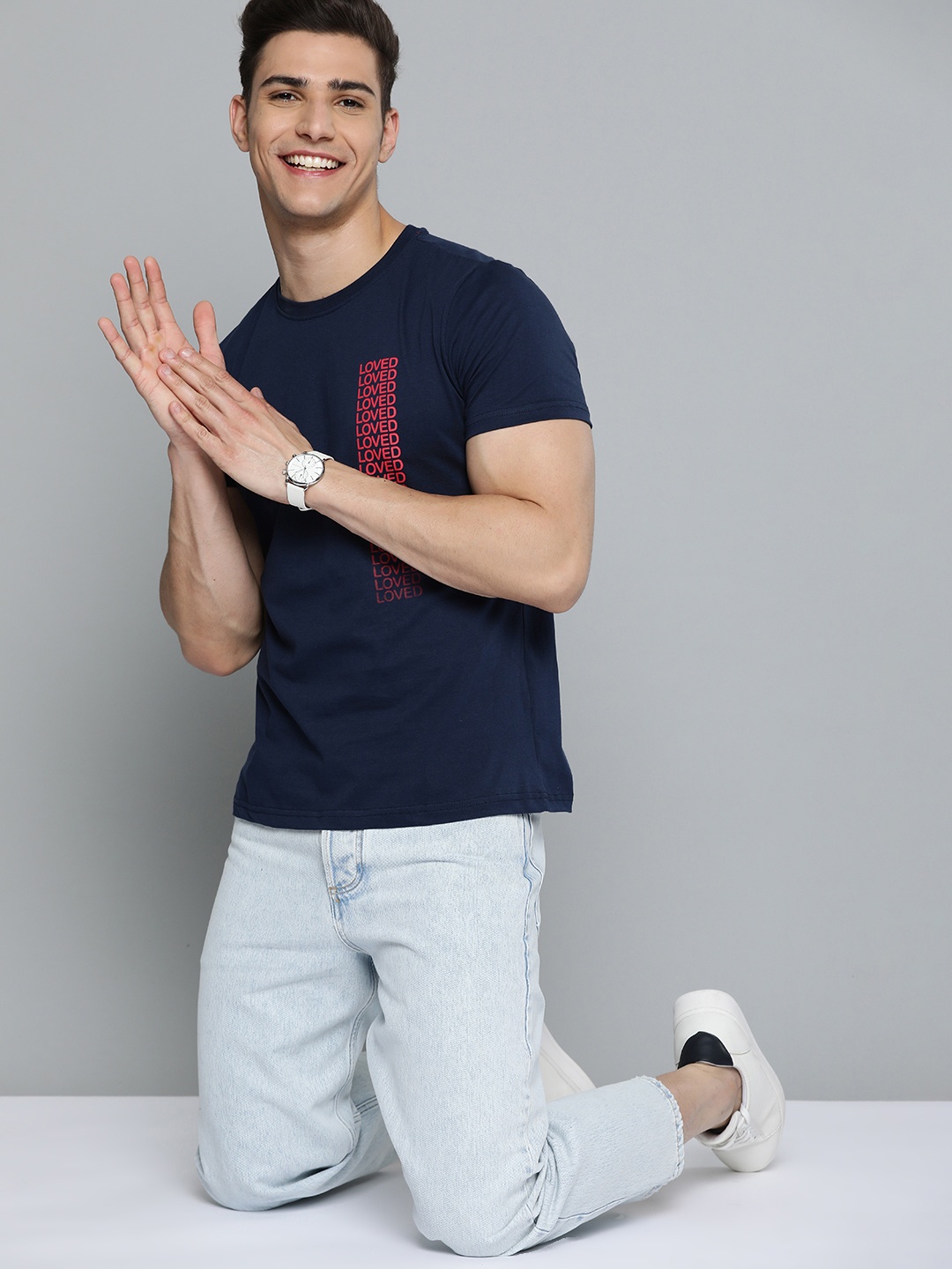 

Mast & Harbour Men Navy Blue Typography Pure Cotton T-shirt