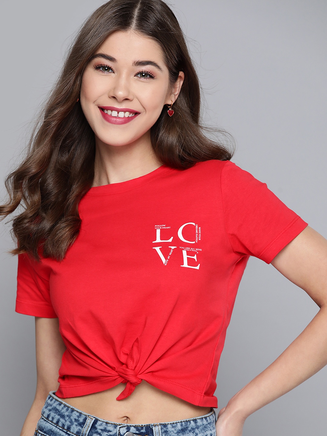

Mast & Harbour Women Red Pure Cotton Typography Printed T-shirt
