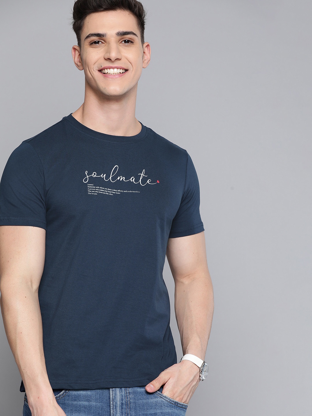 

Mast & Harbour Men Navy Blue & White Typography Printed Pure Cotton T-shirt