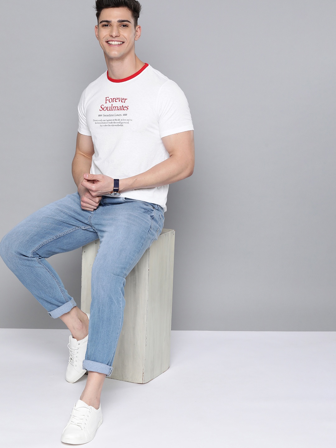 

Mast & Harbour Men Off White & Red Typography Printed Pure Cotton T-shirt