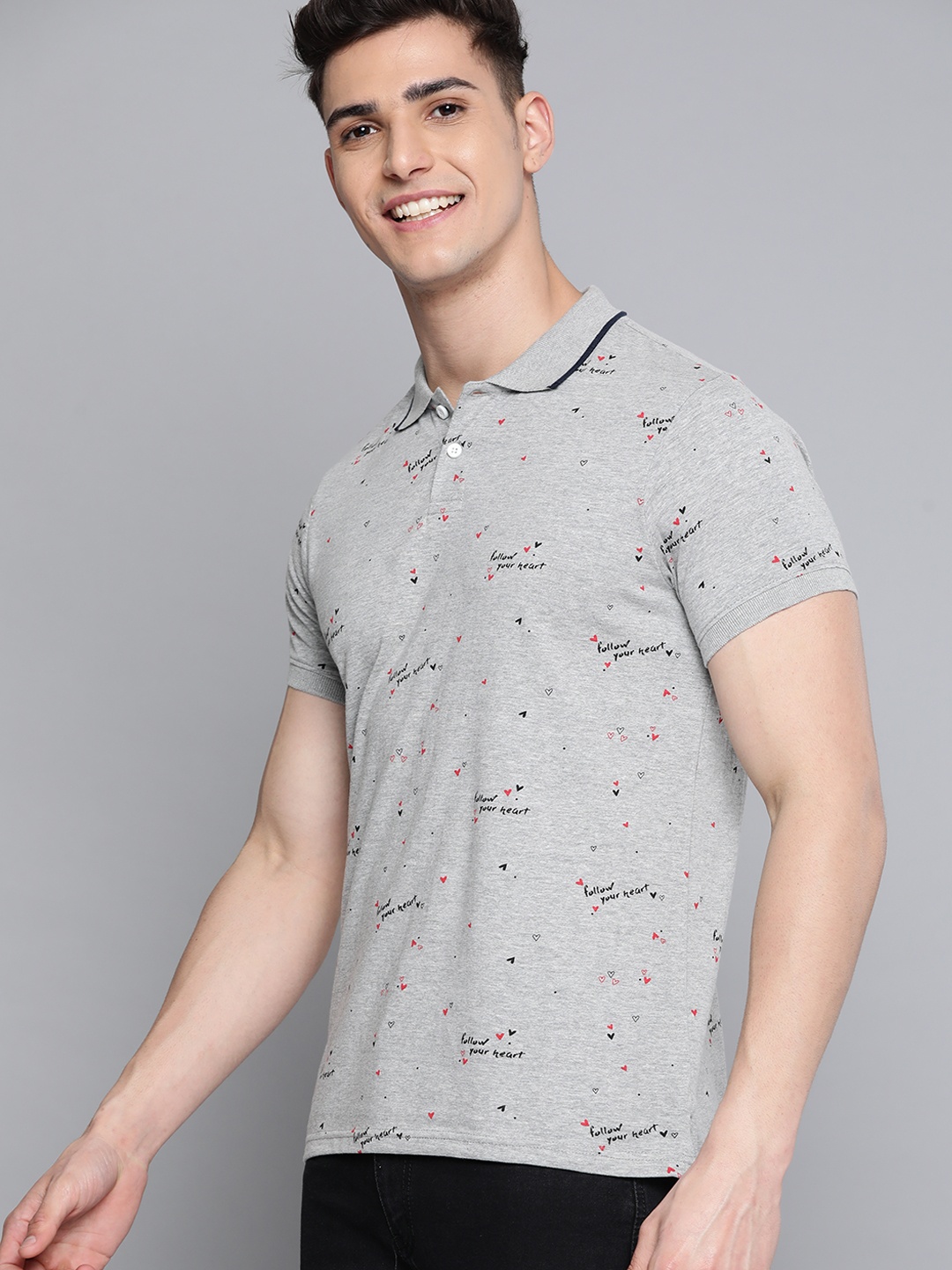 

Mast & Harbour Men Grey Melange & Black Typography Printed Polo Collar T-shirt