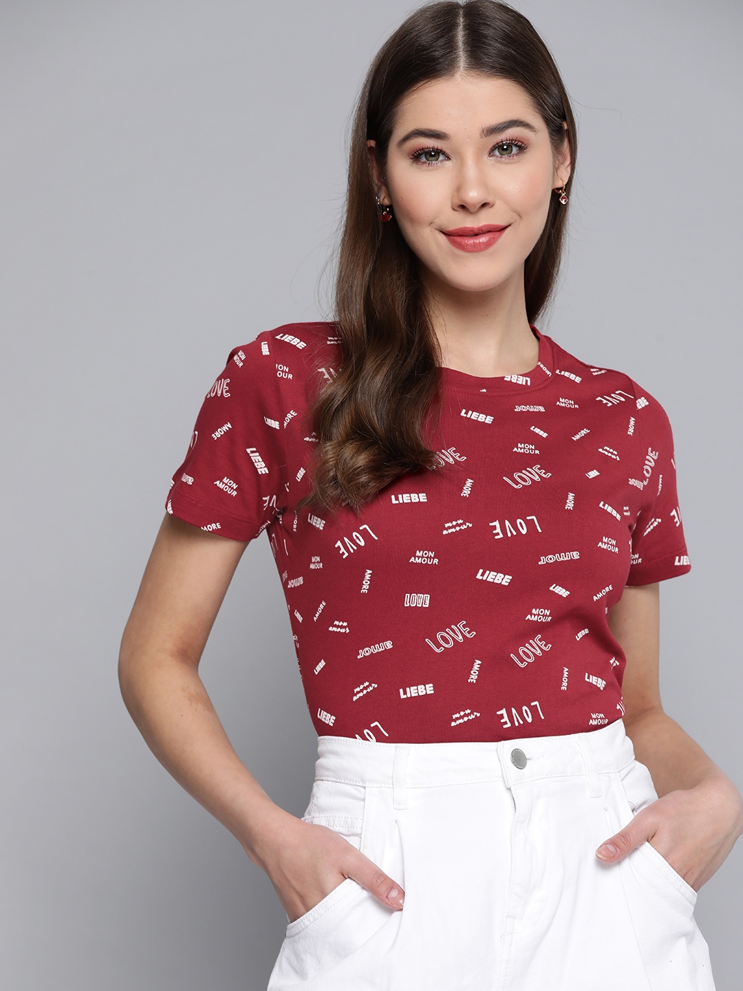 

Mast & Harbour Women Maroon & White Pure Cotton Printed T-shirt