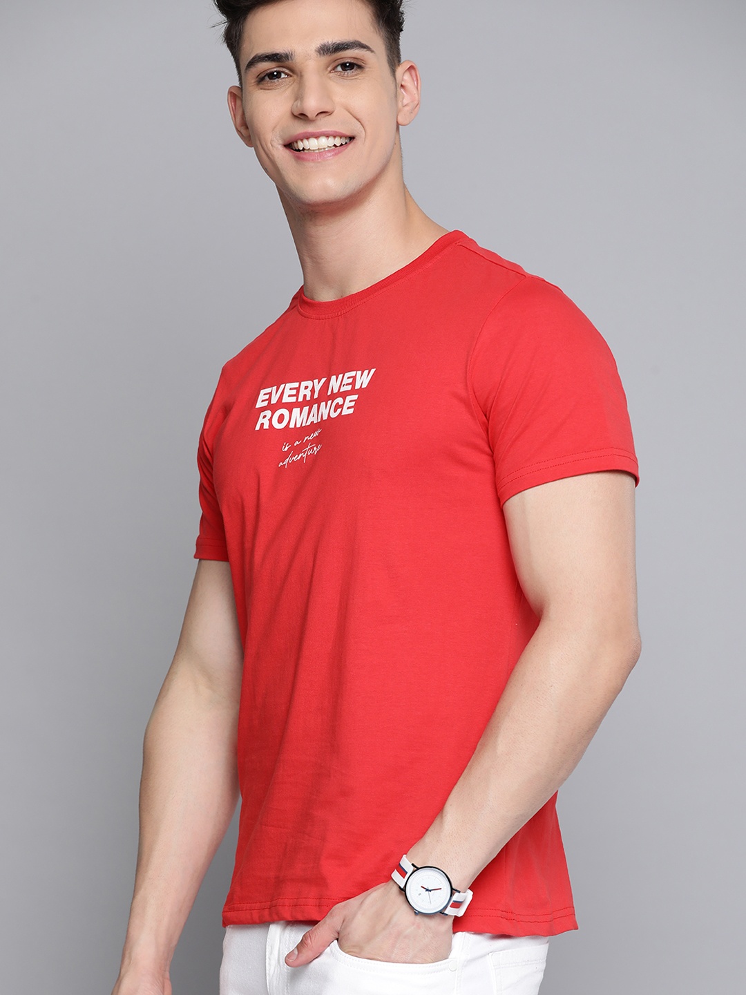 Mast & Harbour Men Red Typography Pure Cotton T-shirt