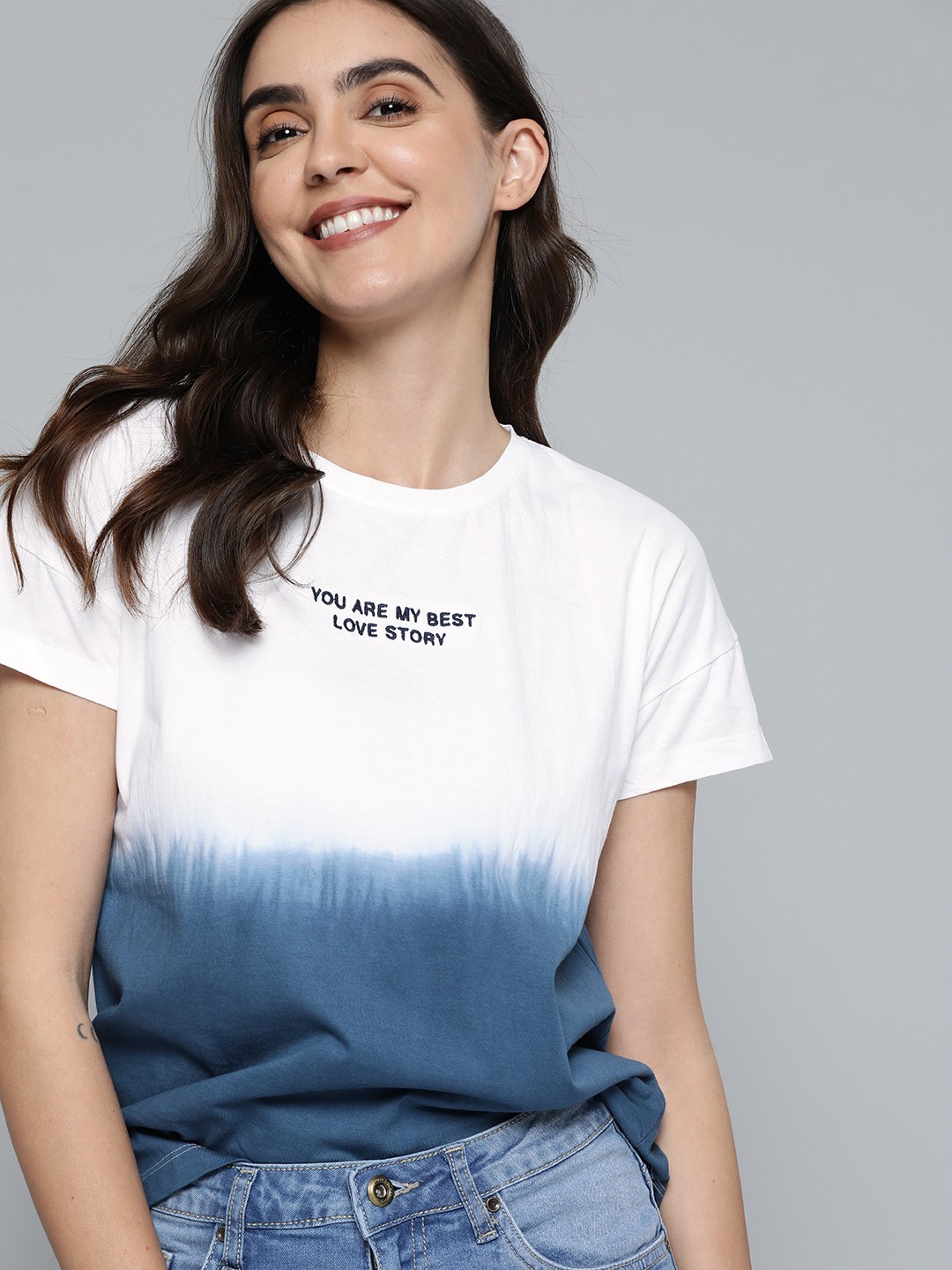 

Mast & Harbour Women White & Blue Typography Printed Pure Cotton Ombre T-shirt
