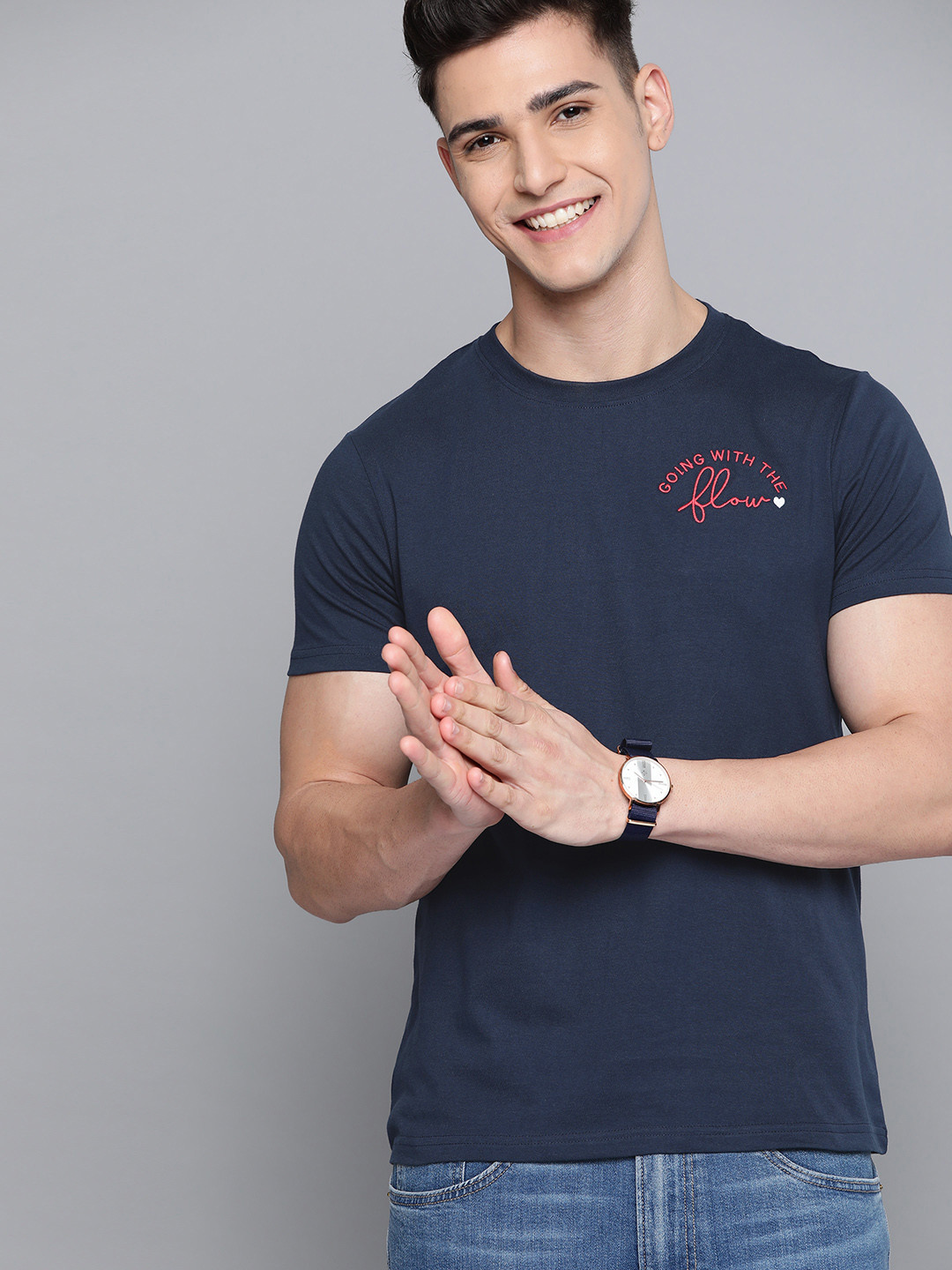 

Mast & Harbour Men Navy Blue Pure Cotton Embroidered Detail T-shirt