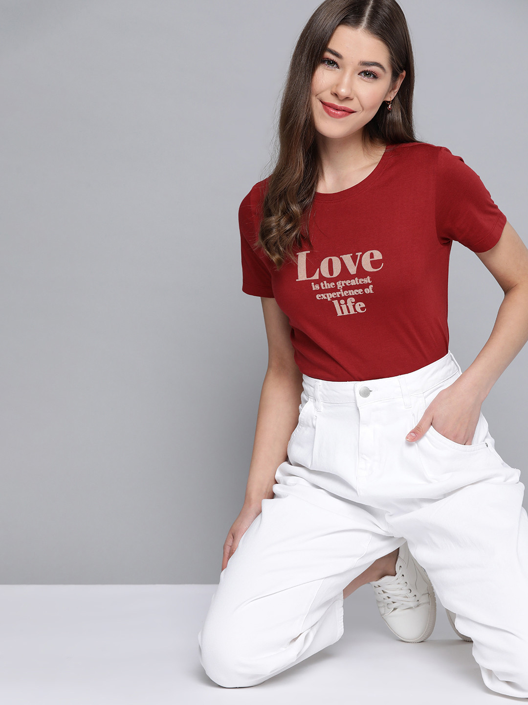 

Mast & Harbour Women Maroon & Beige Pure Cotton Typography Printed T-shirt