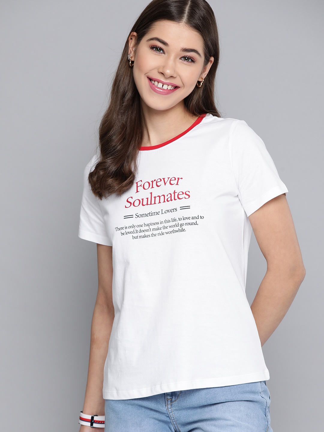 

Mast & Harbour Women White & Red Typography Printed Pure Cotton T-shirt