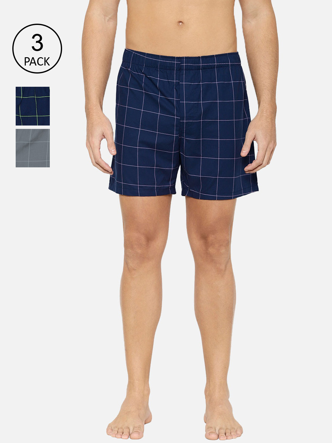 

XYXX Men Pack Of 3 Checked Pure Cotton Boxers XYBOX3PCKN06, Navy blue