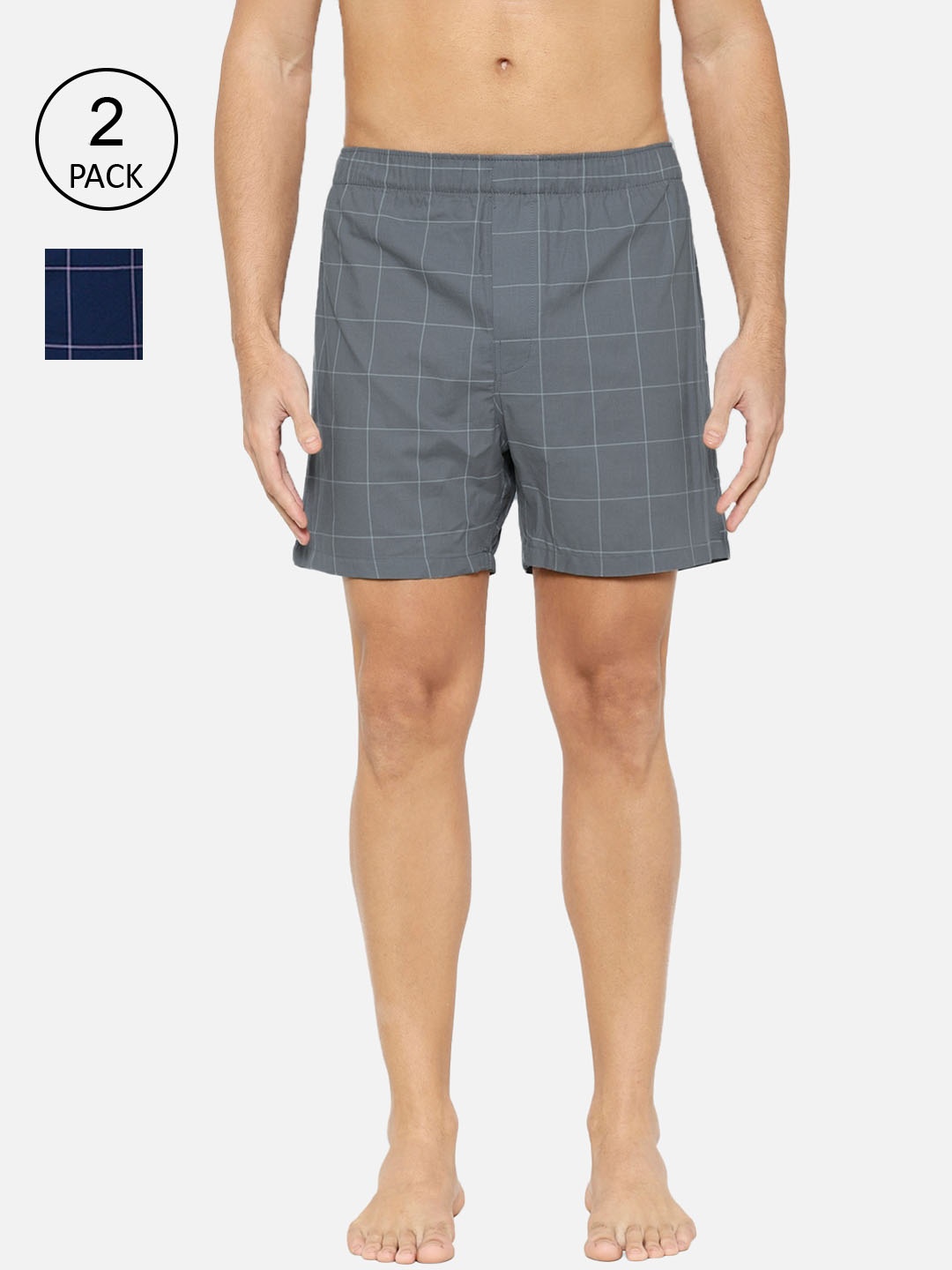 

XYXX Men Grey Pack Of 2 Checked Pure Cotton Boxers, Navy blue