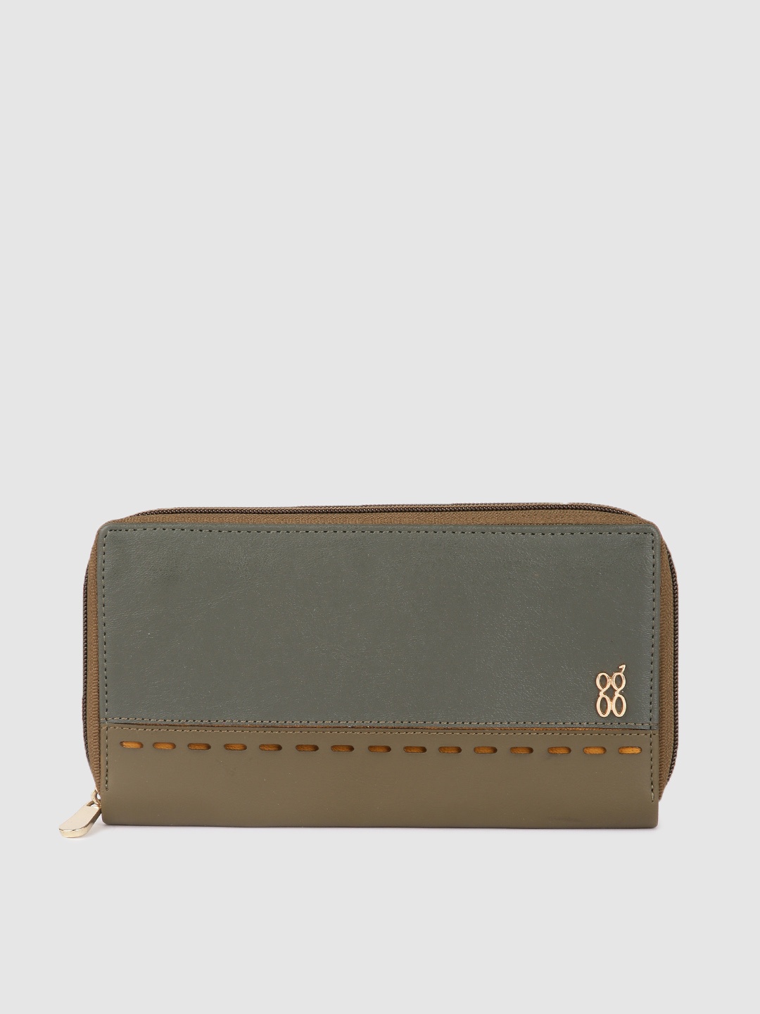 

Baggit Women Olive Green & Grey Colourblocked Zip Around Wallet