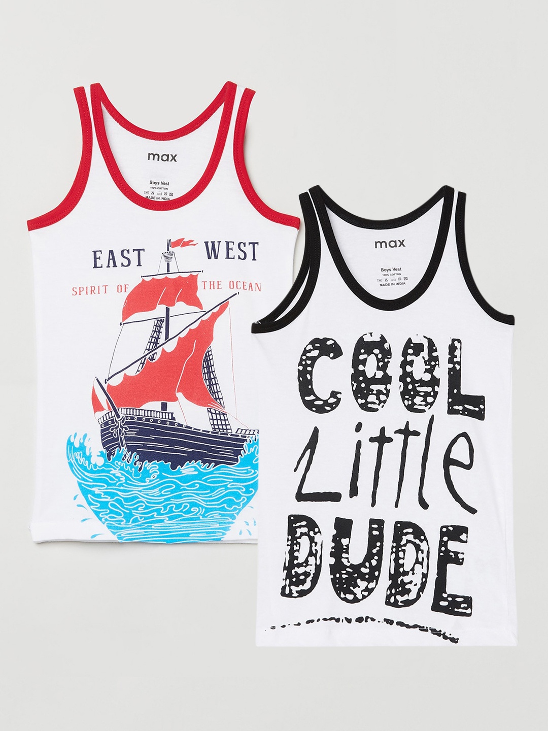 

max Boys Pack Of 2 Printed Cotton Innerwear Vests, White
