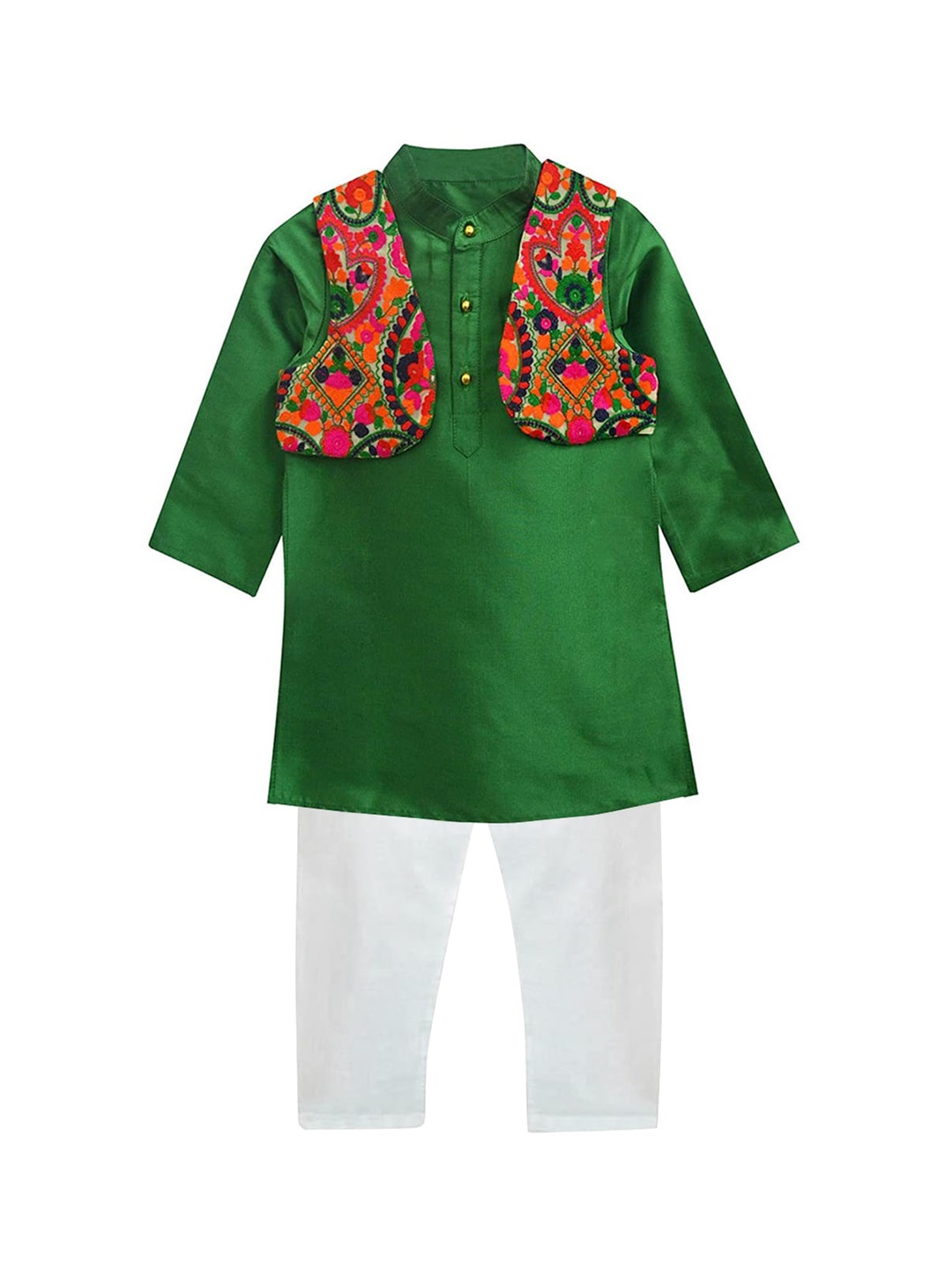 

A T U N Boys Green Regular Kurta with Pyjamas with Embroidered Jacket