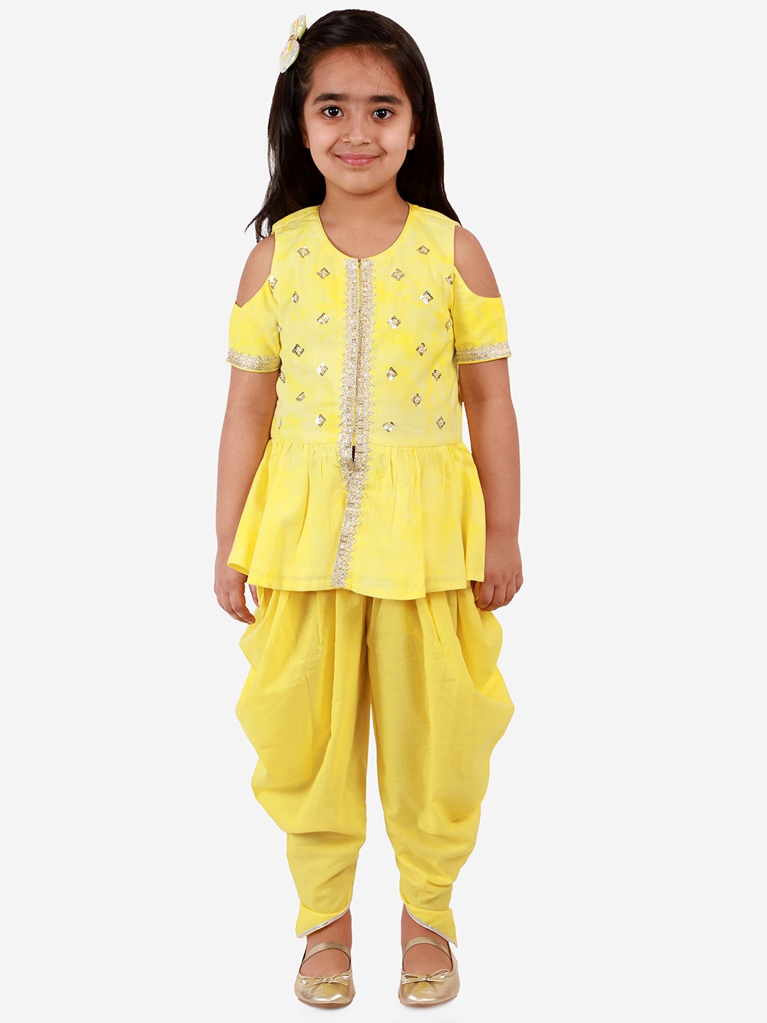 

LIL DRAMA Girls Yellow Ethnic Motifs Embroidered Regular Pure Cotton Kurti with Dhoti Pants