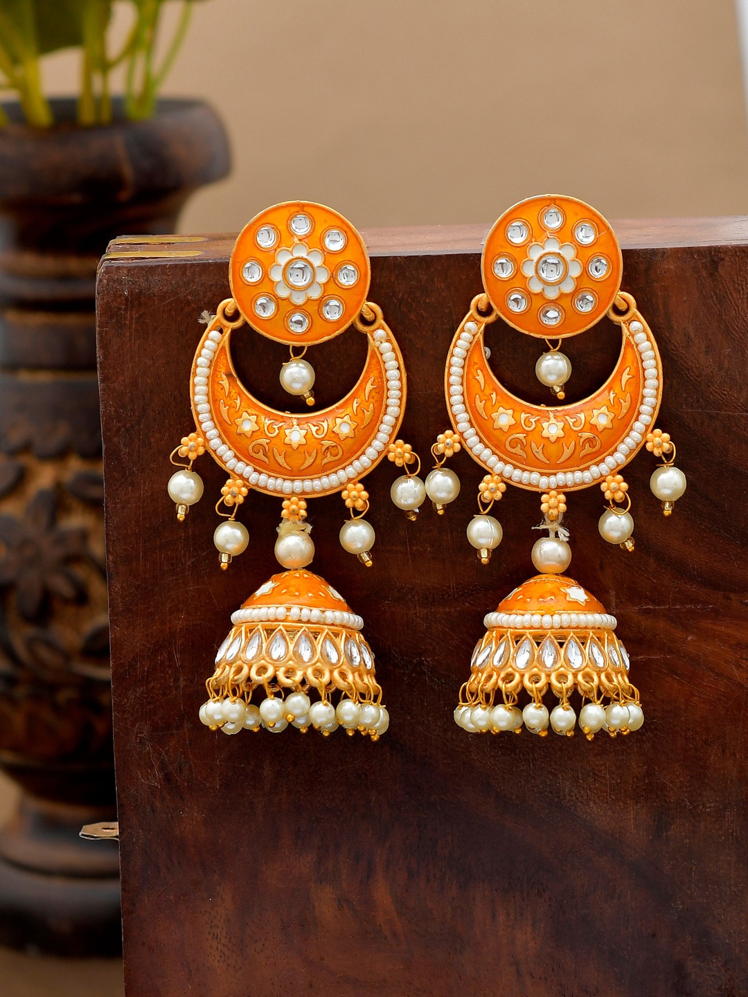 

Shoshaa Yellow Artificial Stones & Beads Ethnic Earrings, Orange