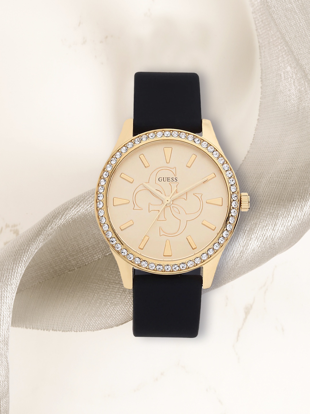 

GUESS Women Gold-Toned Embellished Dial & Black Straps Analogue Watch GW0359L1