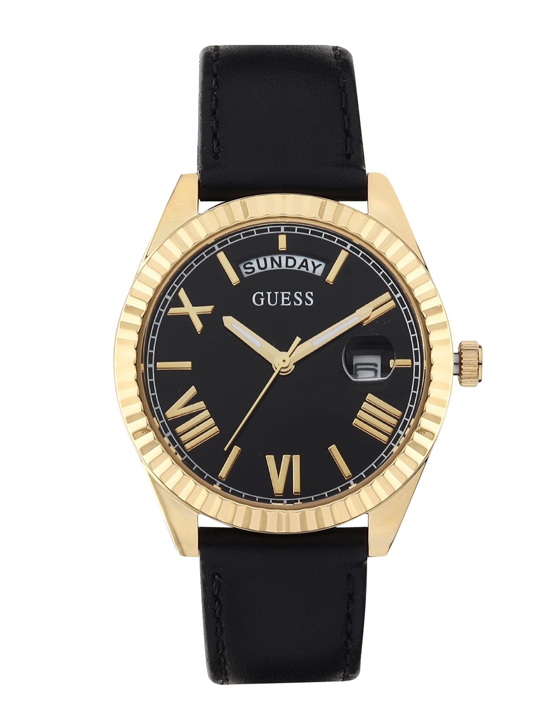

GUESS Women Gold-Toned Embellished Dial & Black Leather Straps Analogue Multi Function Watch GW0357L1