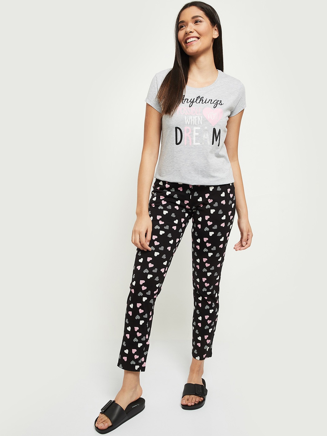 

max Women Grey Melange & Black Printed Night suit